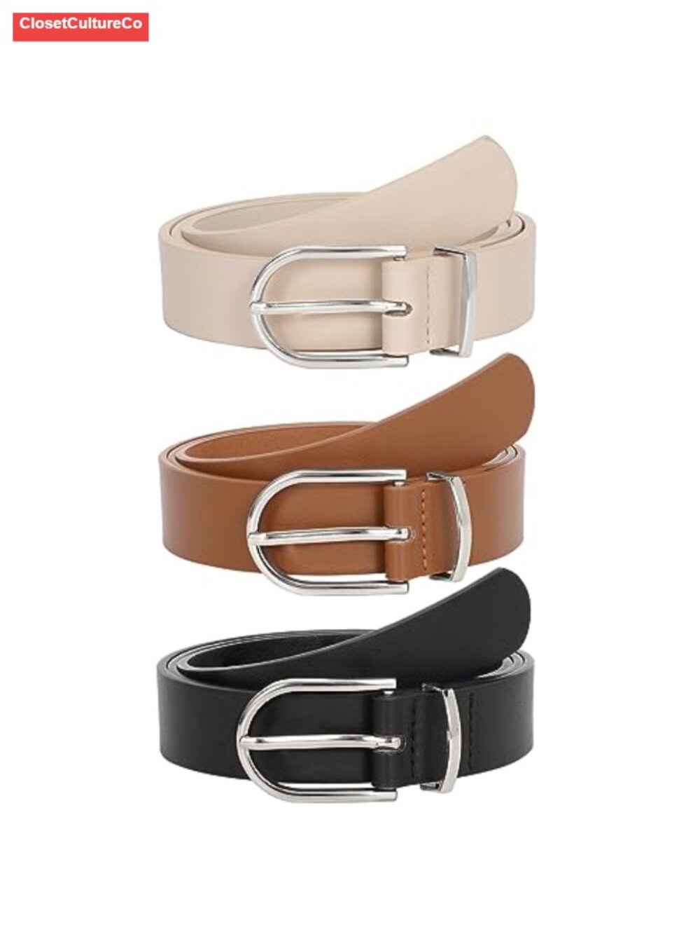 Women's PU Leather Belts with Silver Buckle 3 Pack Adjustable Waist Jeans Pants